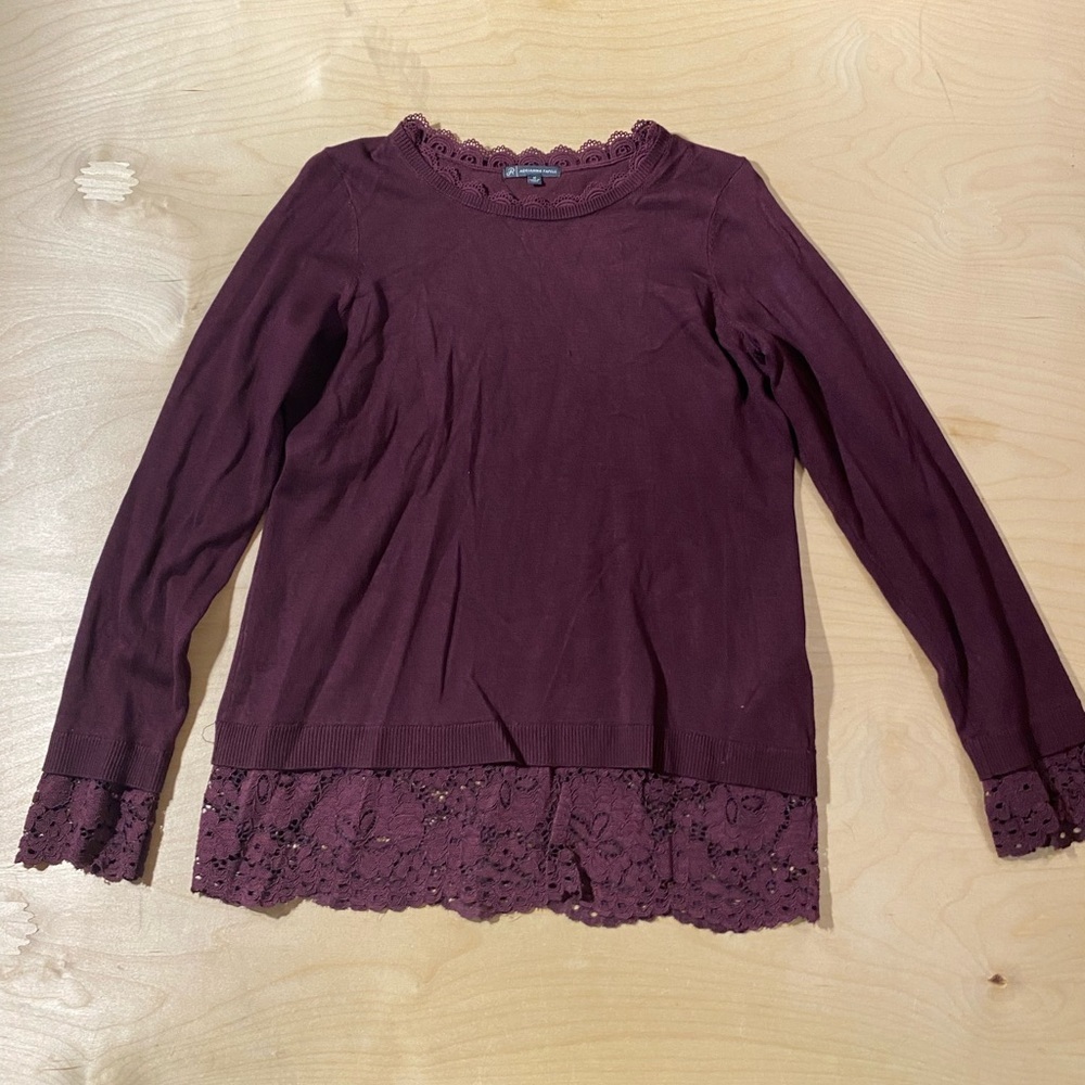 Adrianna Papell Lace-Trim Long Sleeve Top - Burgundy Medium (QU)